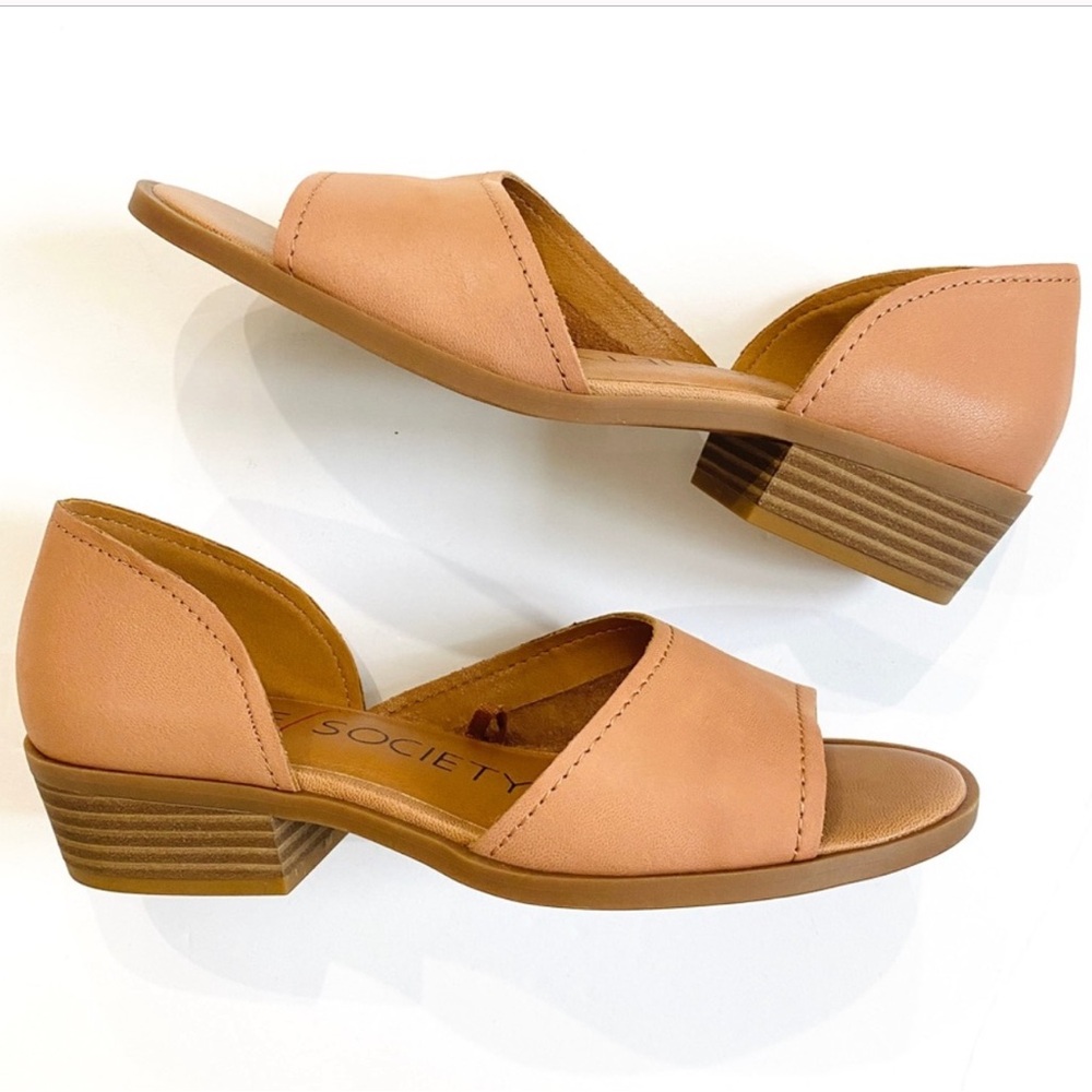 Sole Society peek toe cut-out tan leather midi heel sandals 9 (40), NWOT